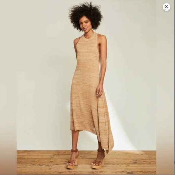 Veronica Beard - Gold Multicolor Knit Dress W/ Asymmetrical Hem Sz M - Picture 4 of 11